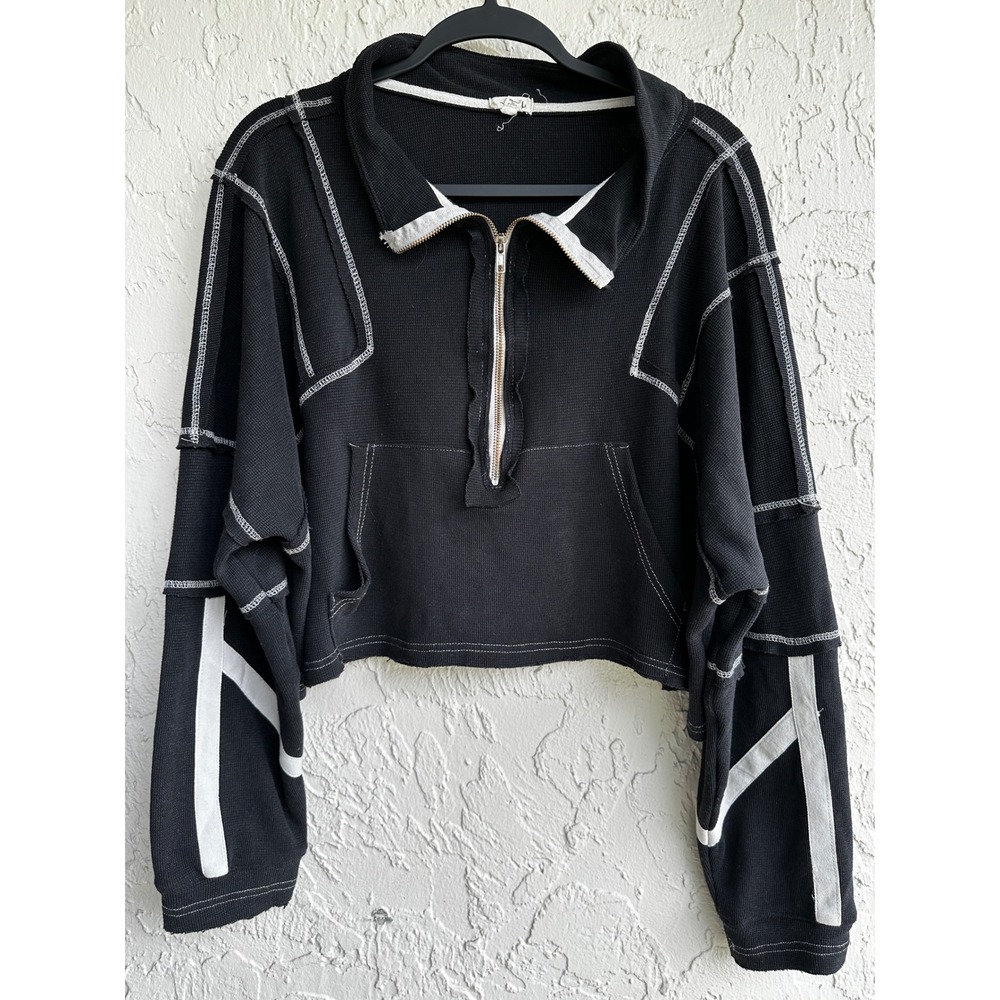 POL Black Waffle Knit Quarter Zip Cropped Pullover Women Medium Boho Grunge